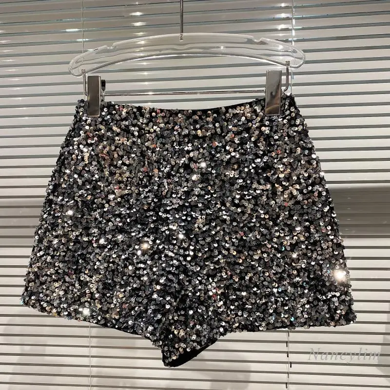 Whole Body Sequins Shorts Women 2021 Autumn New Shiny Zipper Nightclub Short Femme Slim Fit Sliver Black | Женская одежда