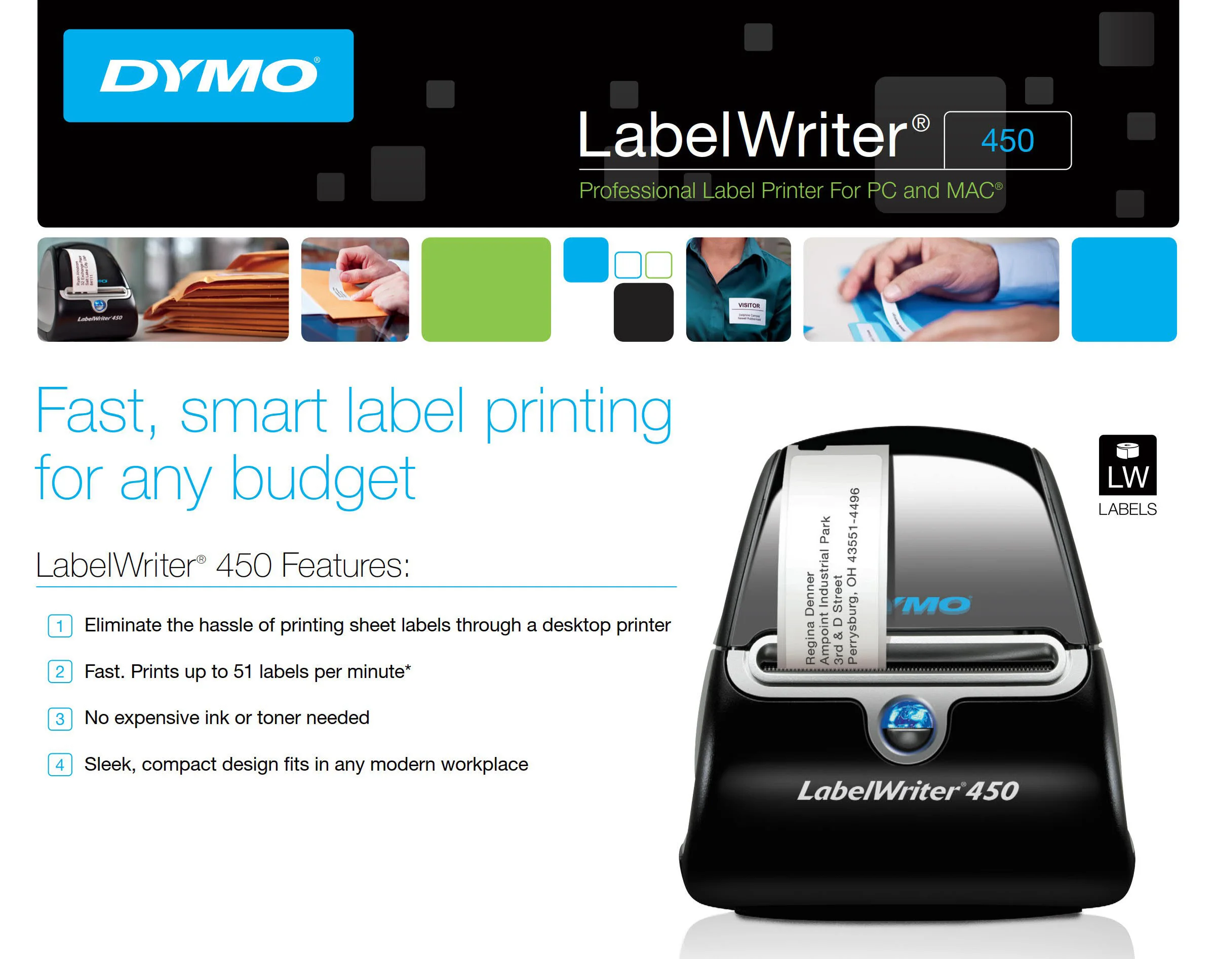  Etikettendrucker Dymo Labelwriter 450  direkt Wärme, 600 x 300 DPI, Schwarz, Silber, USB 2.0, Seriell, Windows XP/Vista/7 Mac OS v10.4, Dymo Label 8