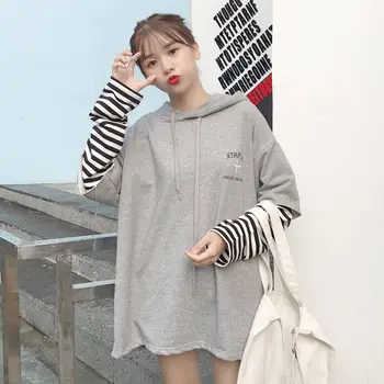 

Fashion Fake 2PC Patchwork Stripes Print Hoodies Autumn Loose Casual Hip Hop Hooded Pullover Long Sleeve Casual Sweatshirt Tops