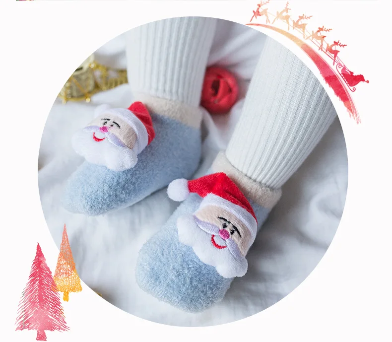 Детские носки с резиновой подошвой для мальчиков, рождественские милые теплые носки с рисунками из мультфильмов для младенцев Одежда для девочек зимняя обувь для новорожденных