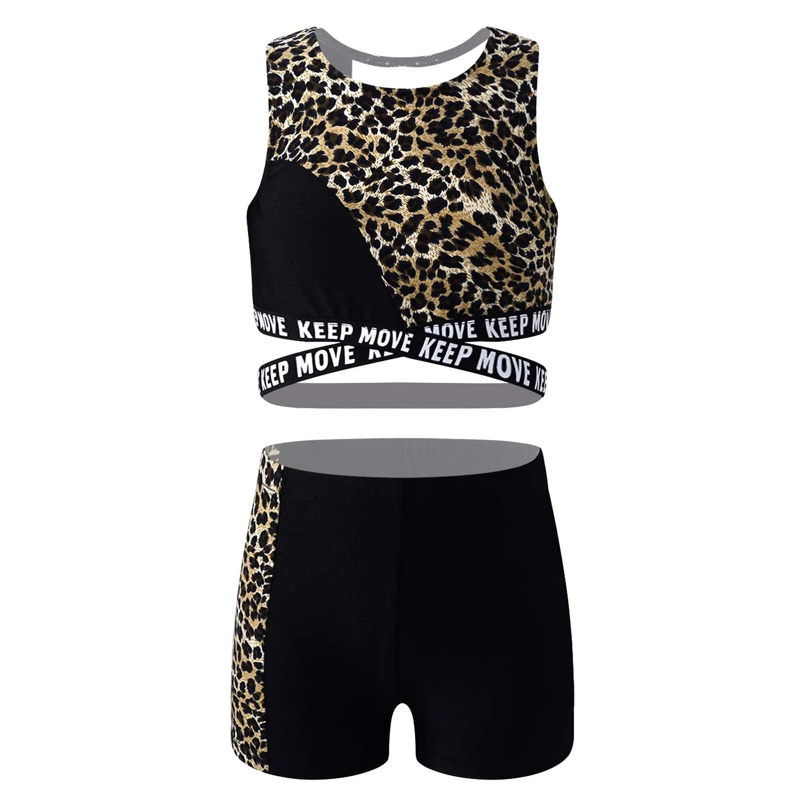 Kid Girl Yoga Set Tuta Sportiva Allenamento Ginnastica Activewear Tuta Outfit Canotte Leopardate Crop Top + Pantaloncini Fitness Sportswear