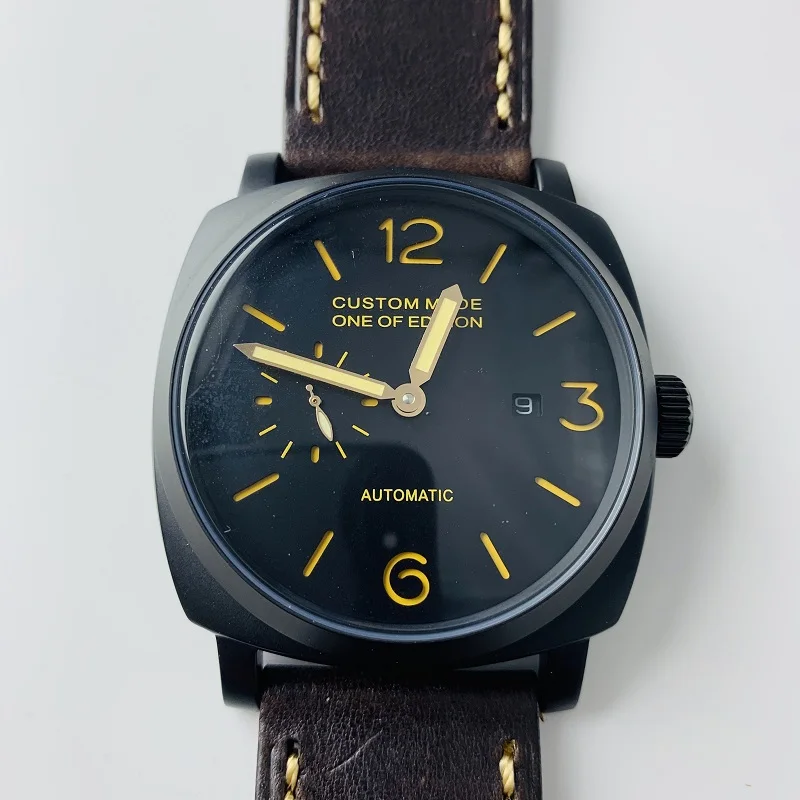 

47mm Men's Watch Automatic Movement Military Black Bezel Leather Strap Waterproof Sports Watch Men's AAA