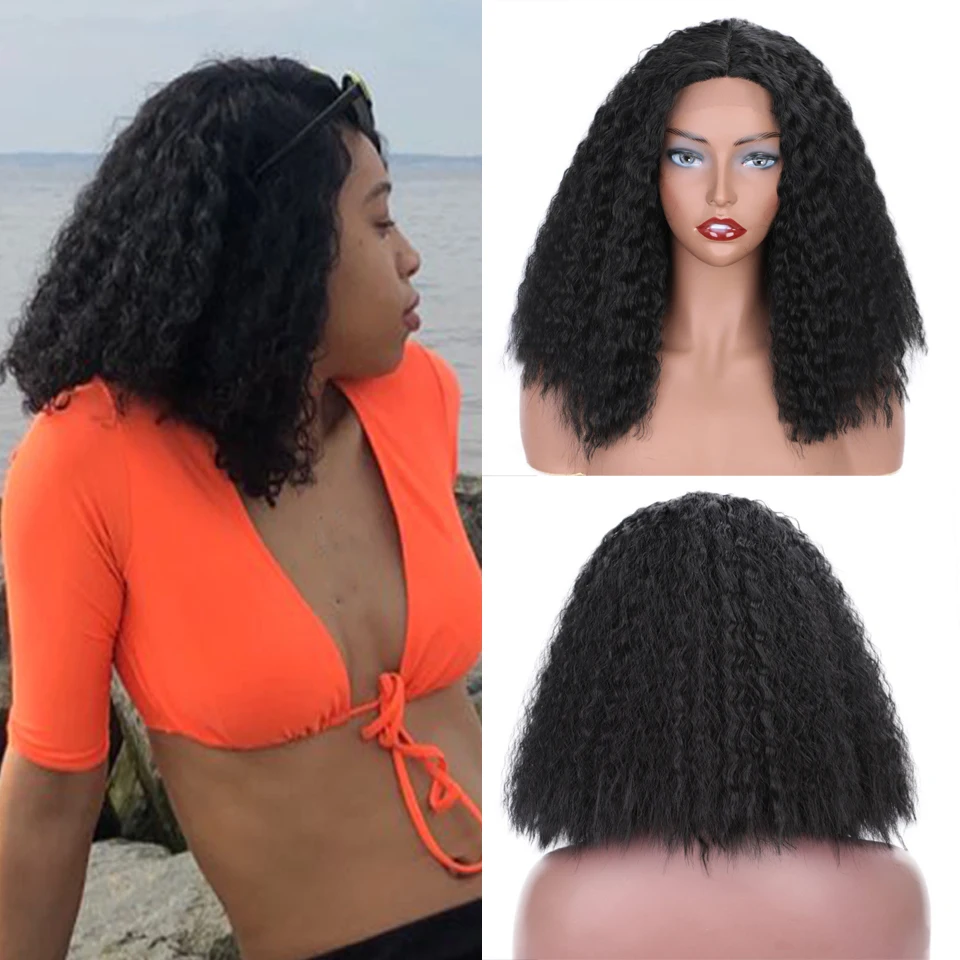 Весна Солнечный афро кудрявый синтетический кружевной передний парик «пучок» кудрявые прямые парики средней длины для черных женщин