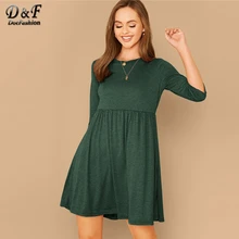 Dotfashion, зеленое Повседневное платье с рукавом 3/4, для женщин, весна, с высокой талией, ТРАПЕЦИЕВИДНОЕ ПЛАТЬЕ, для девушек, одноцветное, вязаное, миди платье