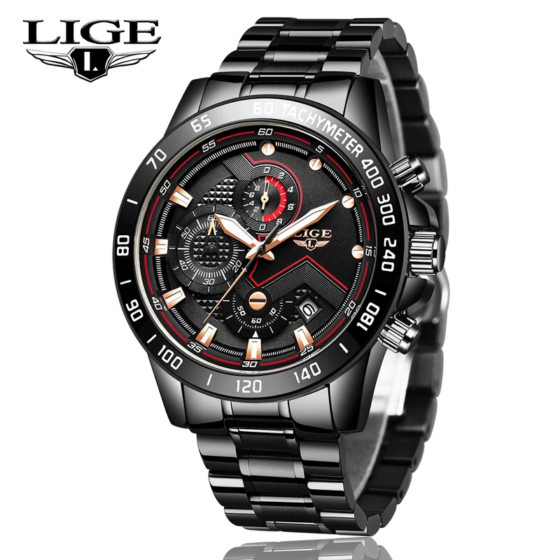 

2020 LIGE Fashion Mens Watches Stainless Steel Top Brand Luxury Sport Chronograph Quartz Watch Men Black Watch Relogio Masculino
