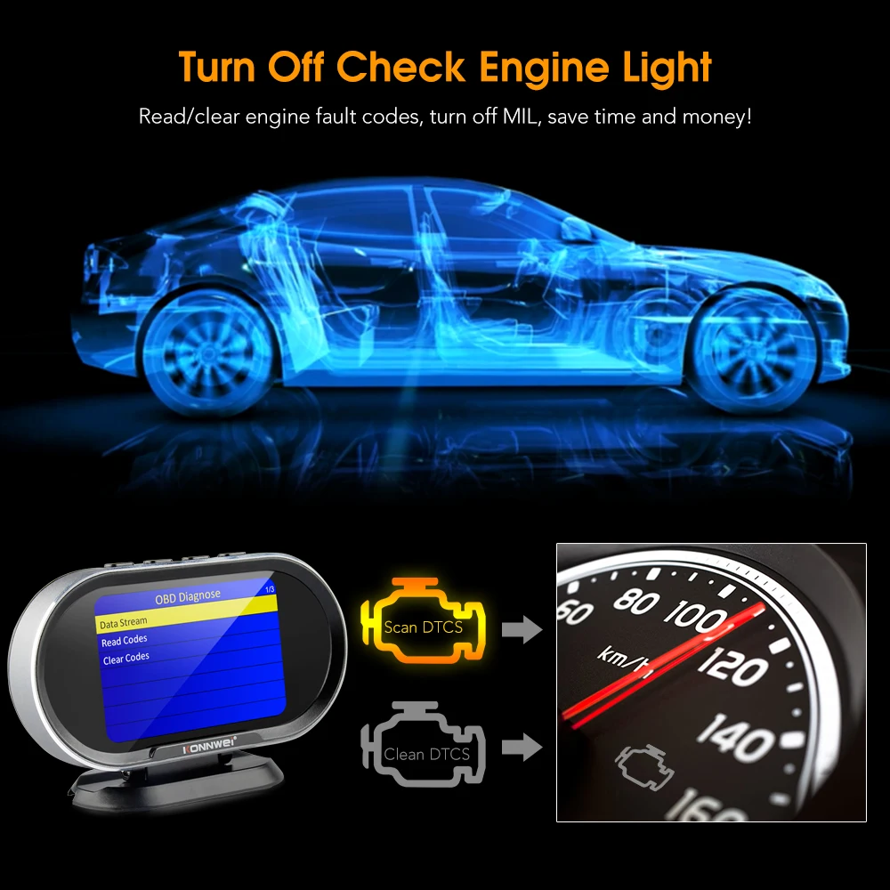 KONNWEI KW206 OBD2 Scanner Car Digital On-Board Computer LCD Display Fuel Consumption Water Temperature Gauge Speedometer HUD 2