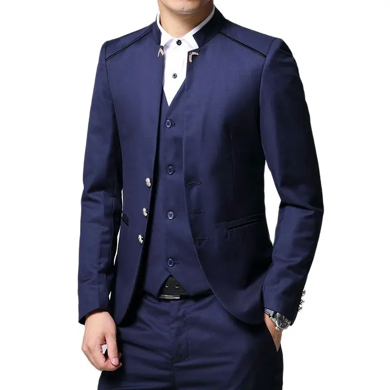 Black Stand Collar 3 Piece Men's Wedding Party Blazer jacket Vest Pants Blue, Red Wine Costume Homme