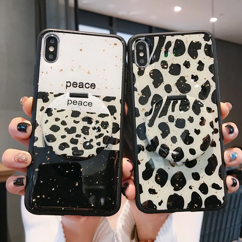 Зеркальный чехол с кронштейном для Iphone X 7 8 6 6S Plus Xr глянцевый леопардовым узором