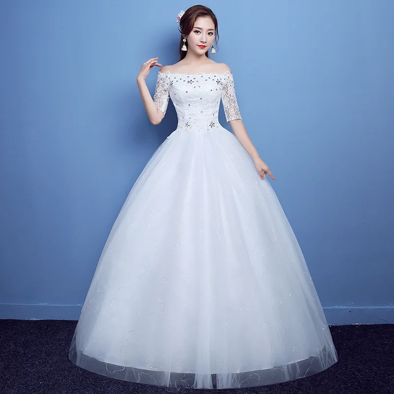 

2019 new fat lady ribbon middle sleeve off shoulder dress wedding dress big red white knot plus big size h79