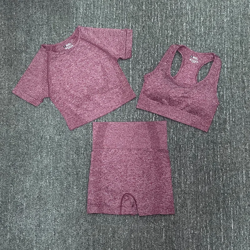 

NORMOV 3 Pieces Seamless Women Set Workout Slim Clothing Short Sleeve Crop Top 3-Piece Set Female High Waist Shorts Fitness Suit