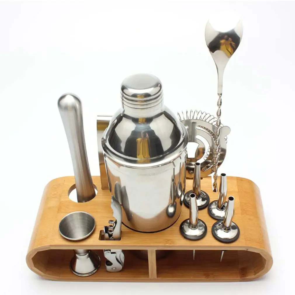 12pcs Stainless Bar Cocktail Shaker Set with Elliptical Wooden Rack with Bar for Bartender Drink Party Bar Tools