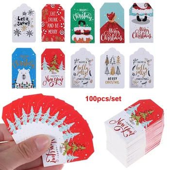 

100pcs Christmas Greeting Card Label Gift Wrapping Hang Tags Pendant Santa Claus Paper Cards Xmas Tree Ornament Home Party Decor