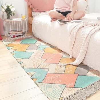 

5 colors Ins cotton hand-woven bedside rug Eco-friendly home bedroom strip tassel anti-slip mat Geometric decorative carpet
