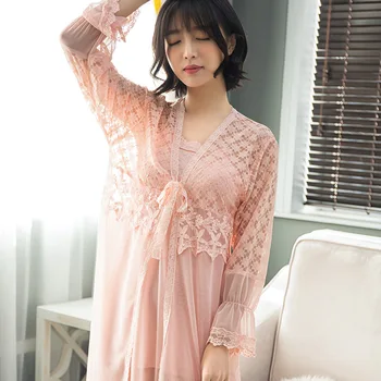 مثير النساء النوم و صالة مجموعة الدانتيل الملابس الداخلية روب للنوم رومانسية الأميرة ملابس خاصة bathrobe ملابس النوم حبال فستان النوم الوردي