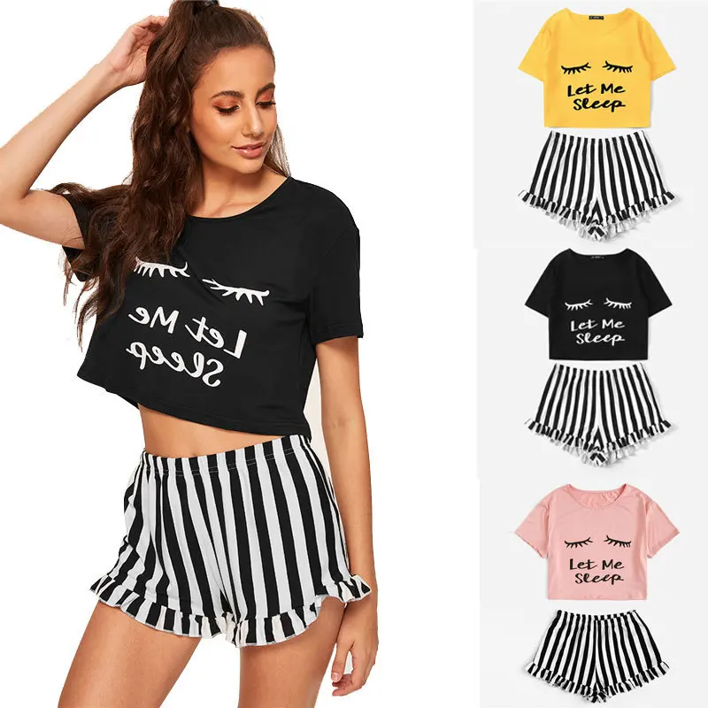 

Women's Eyelash Print Short Sleeve + Striped Shorts Home Set Two Piece Set Top and Pants