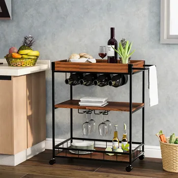 

Kitchen Serving Cart with Removable Tray 3-Tier Kitchen Dining Trolley Cart Rack Storage Wheels with Universal Casters Brakes