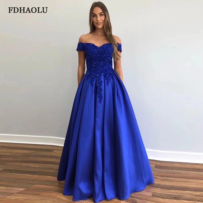 FDHAOLU FU114 Off The Shoulder królewska niebieska sukienka balowa A-line aplikacje zroszony drapowana spódnica Vestido De Fiesta suknia wieczorowa satynowa