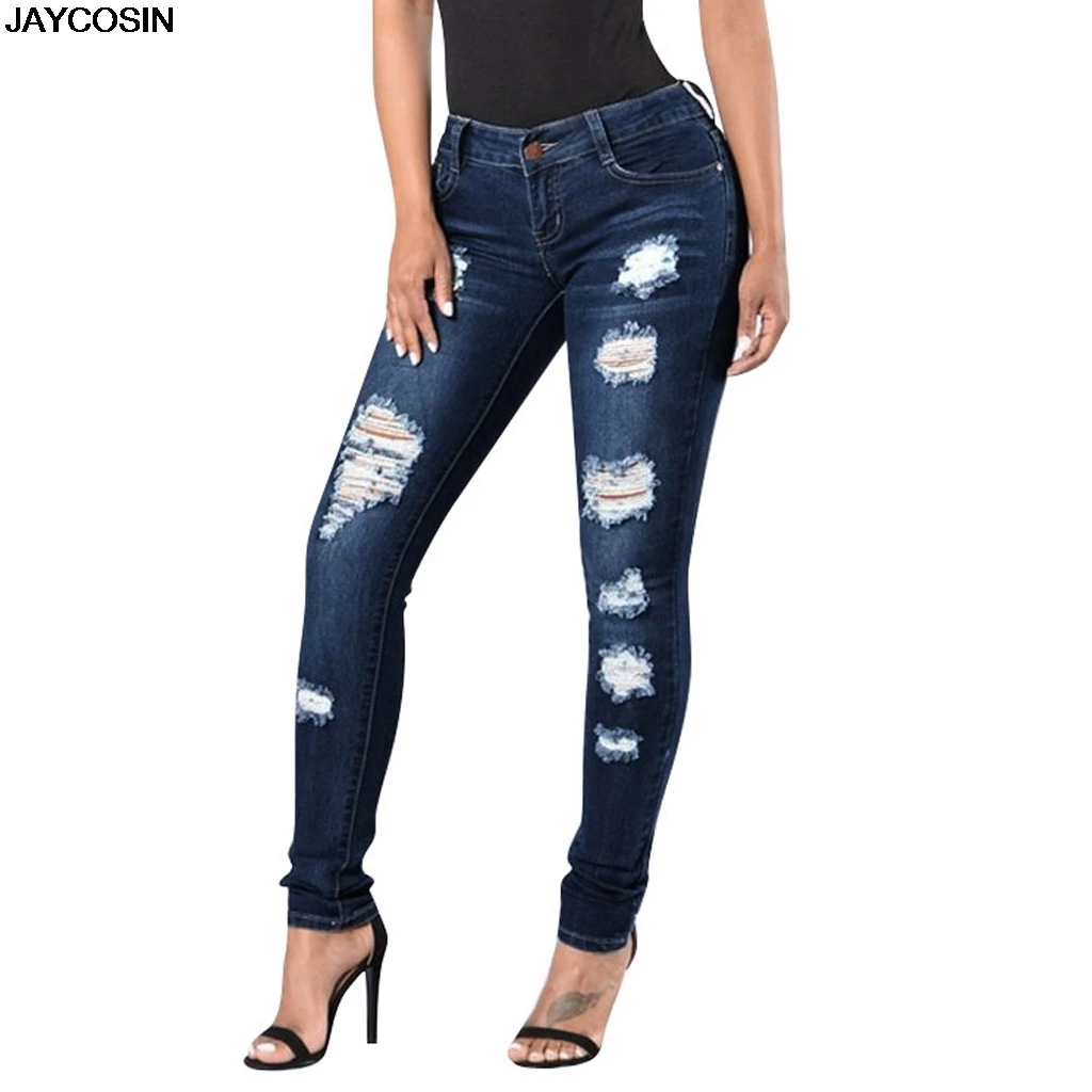 JAYCOSIN Women`s Celebrity Style Fashion Blue Low Rise Skinny Distressed Washed Stretch Denim Jeans For Women Ripped Pants 9812