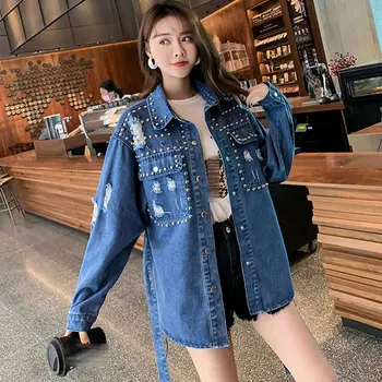 

And Coat Jacket Outwear Streetwear Casual Spring Denim Plus Size Women Female Demin Autumn for Bomber Turn-down Collar Loose
