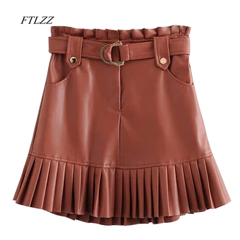 

FTLZZ 2020 Women Fashion Streetwear Ruffles Pleated Mini Skirts A-line Pu Leather Skirt With Belt Party Club Sexy Short Skirt