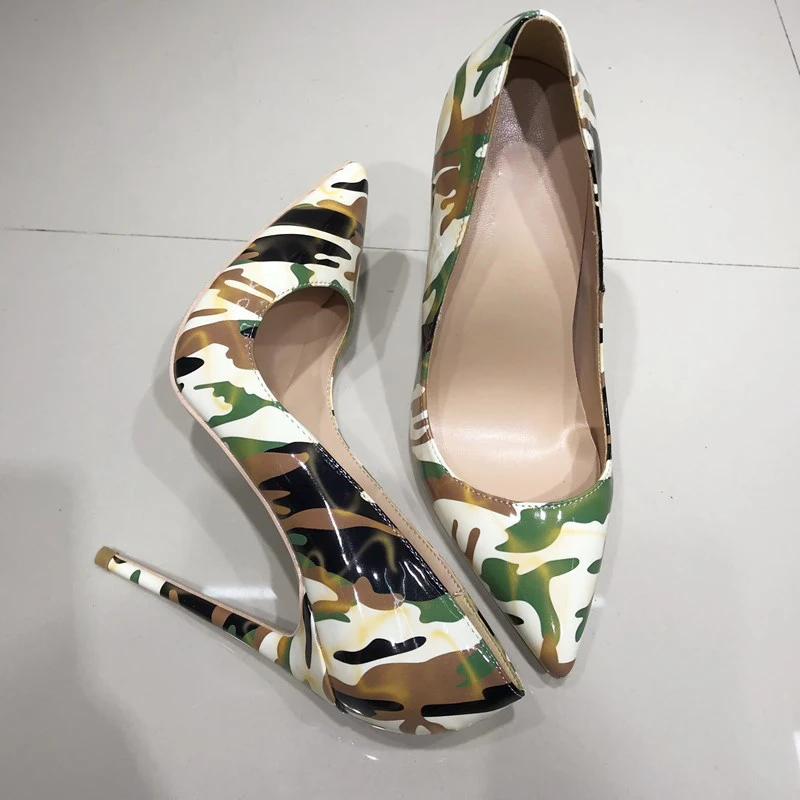 

Chic Lady Printing Camouflage Leather Pumps Thin Heels Party Shoes Pointed Toe Slip- On Stilettos Banquet Mixed Color High Heel
