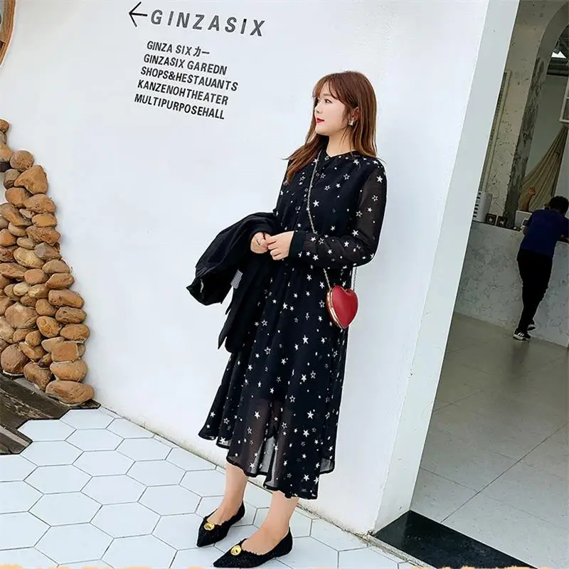 2019 Women Dress Amazon Wish Autumn And Winter Printed round Neck Long Sleeve Large black print fat sister long Chiffon dress |