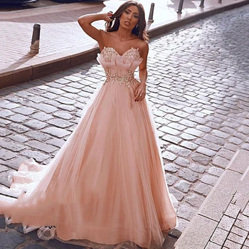 

Eightree Strapless Pink Prom Dresses Lace Beading Evening Dresses Sleeveless Long Arbric Formal Party Gown Robe de Soiree