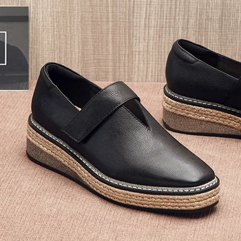 

Women's genuine leather platform flats slip-on oxfords leisure square toe brogues shoes hook&loop casual shoes for women on sale