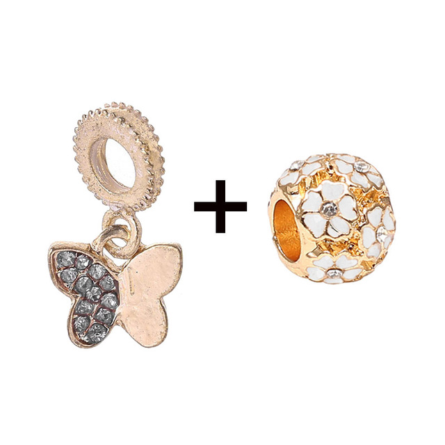 New Style Pink Glamour Flowers Daisy & Crystal Butterfly Charms Beads Fit Brand Bracelets DIY Jewelry Gift For Women