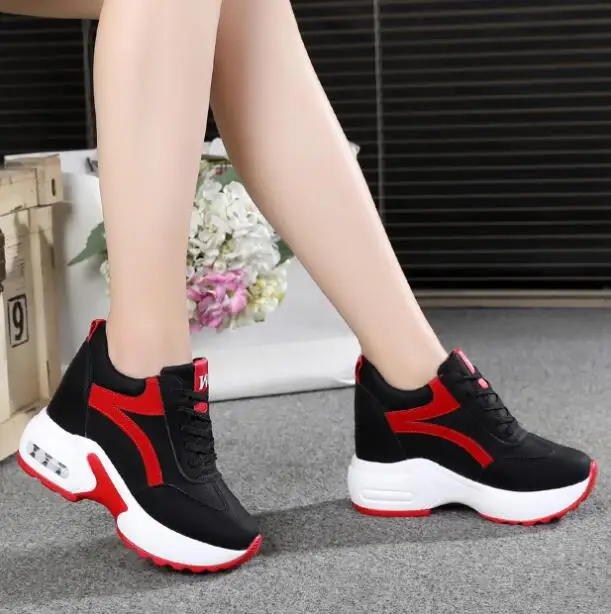 

2019 Spring Girl Lace Up Height Increasing Vulcanized Shoes Woman high heels wedges hidden heel platform casual sneaker shoes