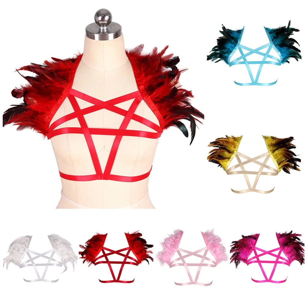 

Body Harness For Bra Women Pentagram Strappy Feather Tops Hollow Sexy Lingerie Halter Elastic Adjust Punk Goth Club Dance Rave