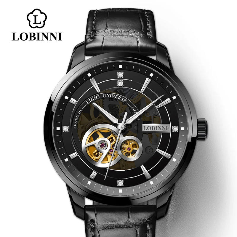 LOBINNI Чайка автоматические механические часы люксовый бренд Мужские часы кожаный сапфир Водонепроницаемые 50 м мужские наручные часы - Цвет: Black-Silver