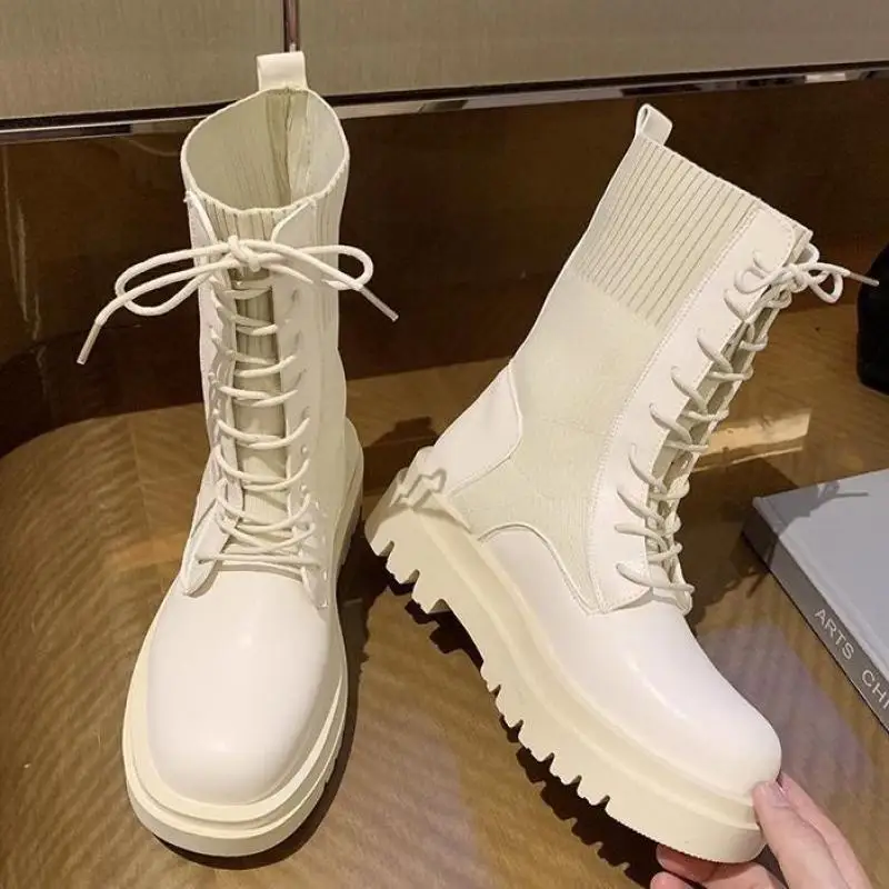 Boots Female Women Shoes Square Toe Lace-Up Chelsea Motorcycle Thick Heel Booties Size 35-40 Stretch Fabric Platform Zapatos