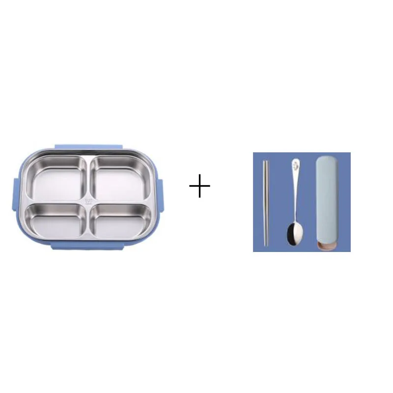4 blue-flatware Ланч-бокс 304 из нержавеющей стали, Ланч-бокс для детей, серый набор сумок, Bento box, герметичная Термосумка для контейнеров с едой в японском стиле - Цвет: 4 blue-flatware