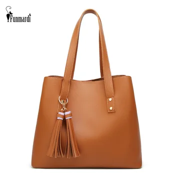 

FUNMARDI Tassel Designer Large Ladies Handbags PU Leather Women Bag Simple Female Shoulder Bags Crossbody Fashion Tote WLHB2028