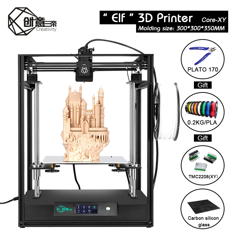 3D принтер Corexy ELF большой размер 300 x мм FDM TMC2208 драйвер автоматическое выравнивание