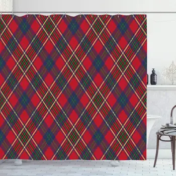 

Shower Curtain Set with Hooks 60x72 Inches Vintage Scotland Irish Classic Endless Green Stripes Red Tartan Madras Check