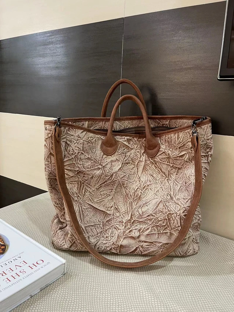 Vendange Women's bag Retro Fashion Ruched Genuine Leather Lady Totes Personalized Gradient Withered Rose Shoulder Bag 2695
