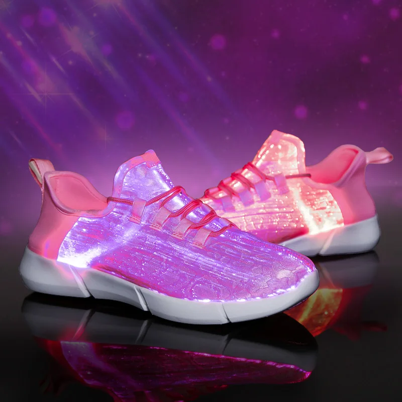 Новая обувь с подсветкой для мальчиков, девочек, женщин и мужчин, с волоконно-оптической тканью и эластичной подошвой, подзаряжаемые через USB легкие кроссовки - Цвет: Розовый