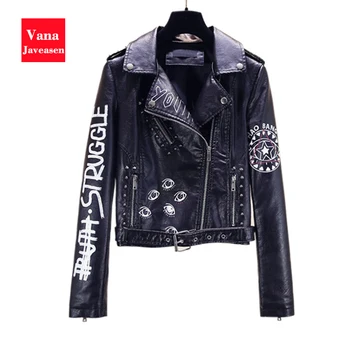 

PU Leather Jacket Women Punk Style Cool Rivet Zipper Printed Coat Woman Short Outwear Buckle Belt Turn-down Jacket Streetwear