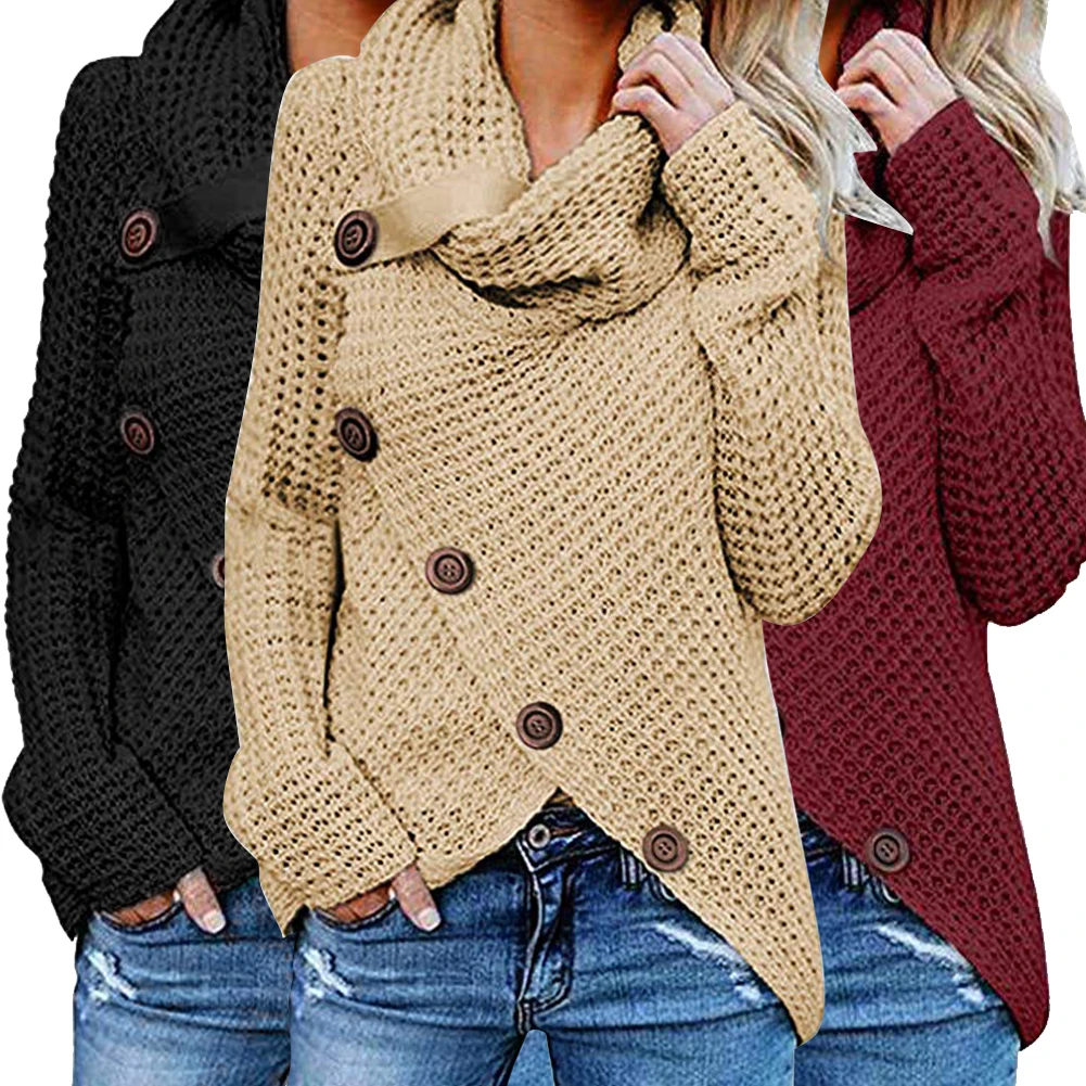 

Loose Shopping Button Daily Warm High Collar Hip Long Sleeve Casual Women Sweater Autumn Winter Dating Party Solid