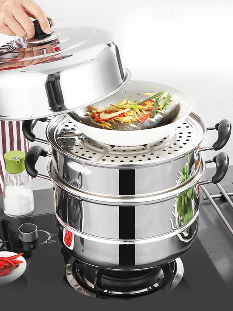 Stainless Steel Steamer Three-Layer 3-Layer Steamed Bread Thickened Two-Layer Household Small Gas Stove Pot for | Дом и сад