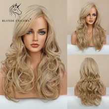 Blond jednorożec syntetyczny średni długie faliste blond peruka dla kobiet Cosplay codzienne peruki na przyjęcie włókno termoodporne sztuczne włosy tanie tanio BlONDE UNICORN Włókno odporne na wysoką temperaturę long CN (pochodzenie) Codziennego użytku 150 średni rozmiar Synthetic Hair Wigs