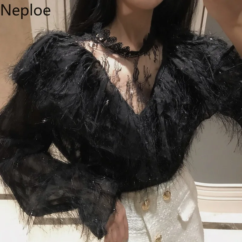 Новинка года; сезон весна-осень; Neploe блузка с длинными рукавами и кисточками в стиле пэчворк с v-образным вырезом; модные Кружевные блузы с вырезами; 47905