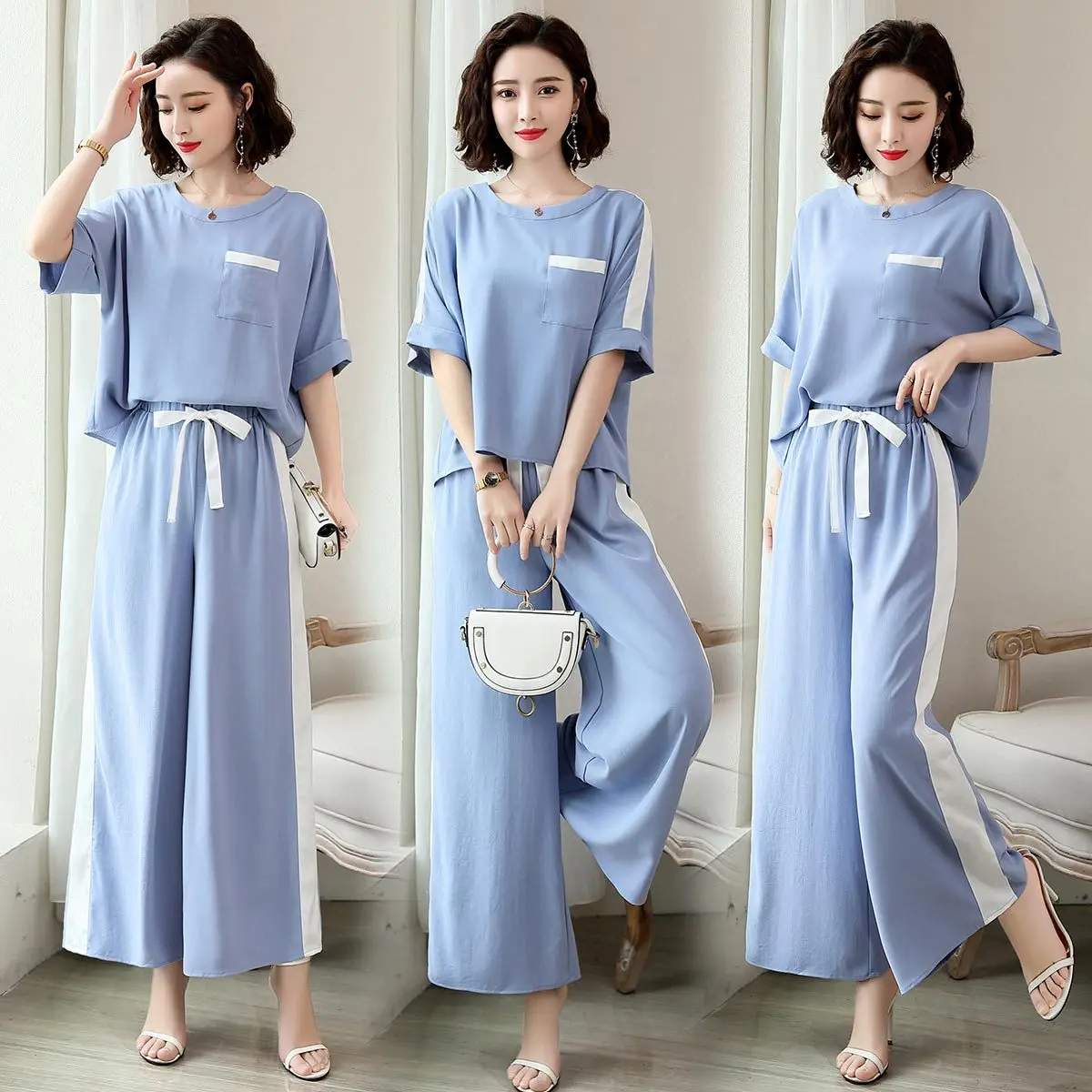 

Summer Women's 2019 New Style Fashion Korean-style Waist Hugging Elegant Two-Piece Set Loose Chiffon Leisure Suit