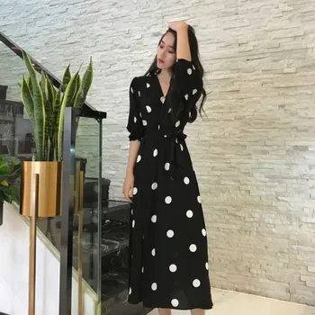 

Women's Polka Dot Dress Full Sleeve V-neck Midi Black Dresses Maldives Bohemian Long Bali Thailand Seaside Holiday Beach