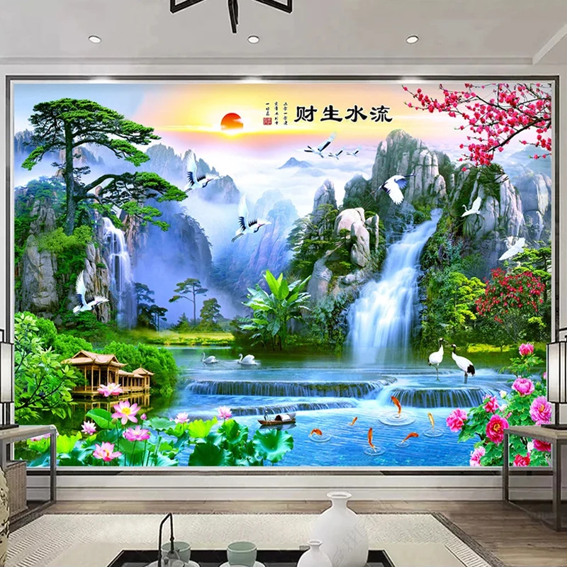 Personalizado Auto-adesivo Papel de Parede 3d Estilo Chinês Paisagem Cachoeira Natureza Paisagem Foto Mural Sala de Estar Sofá tv Adesivos