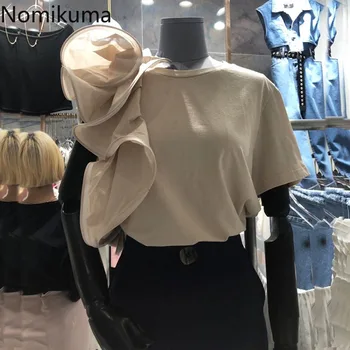 

Nomikuma Korean Elegant Women Tops Shirt 2020 Summer 3D Ruffle Patchwork T-shirts Short Sleeve O-neck Causal Graphic Tees 6A623