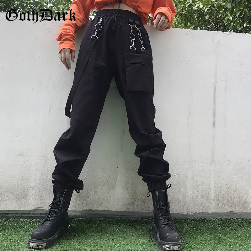  Goth Dark Black Gothic Female Pants Harajuku Autumn 2019 Vintage Metal Ring Pockets High Waist Wome