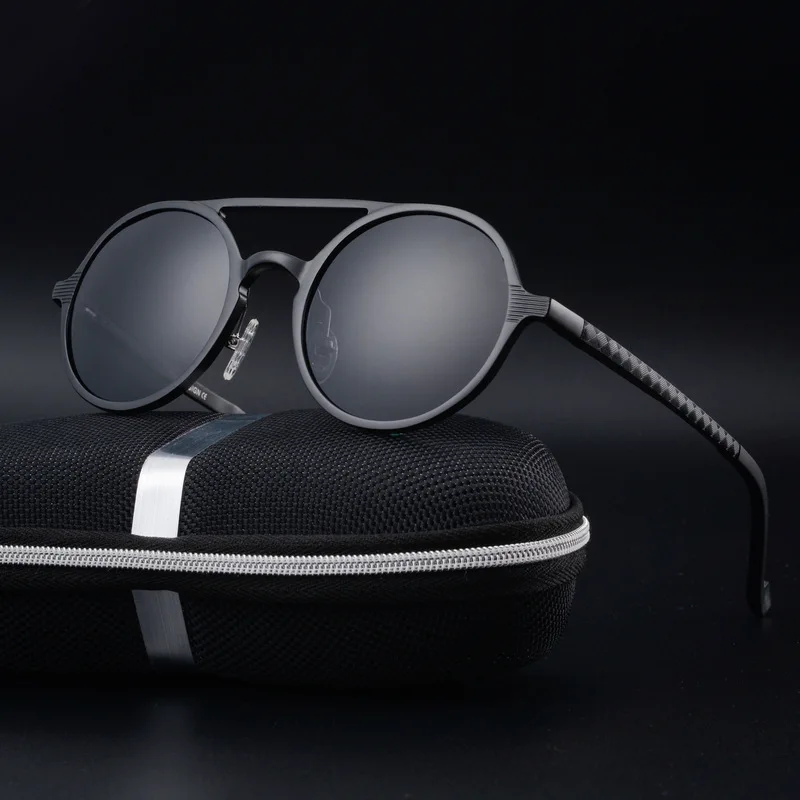 Новые Мужские поляризационные солнцезащитные очки в стиле панк, Ретро стиль, круглая оправа, модные солнцезащитные очки, очки из алюминиево-магниевого сплава, солнцезащитные очки для вождения, UV400 - Цвет линз: Black Black
